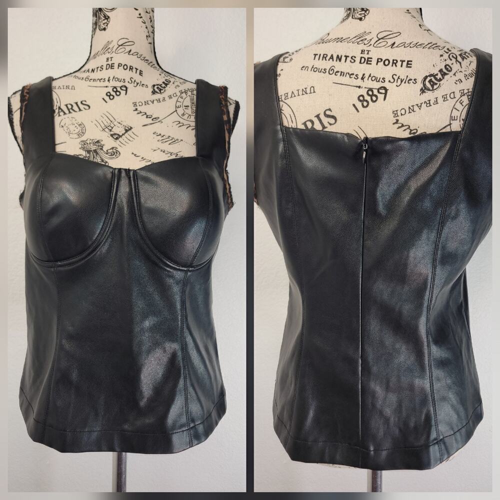 Marc New York Faux Leather Stretch Cami Tank Sz Small Black Leopard Trim Vampi